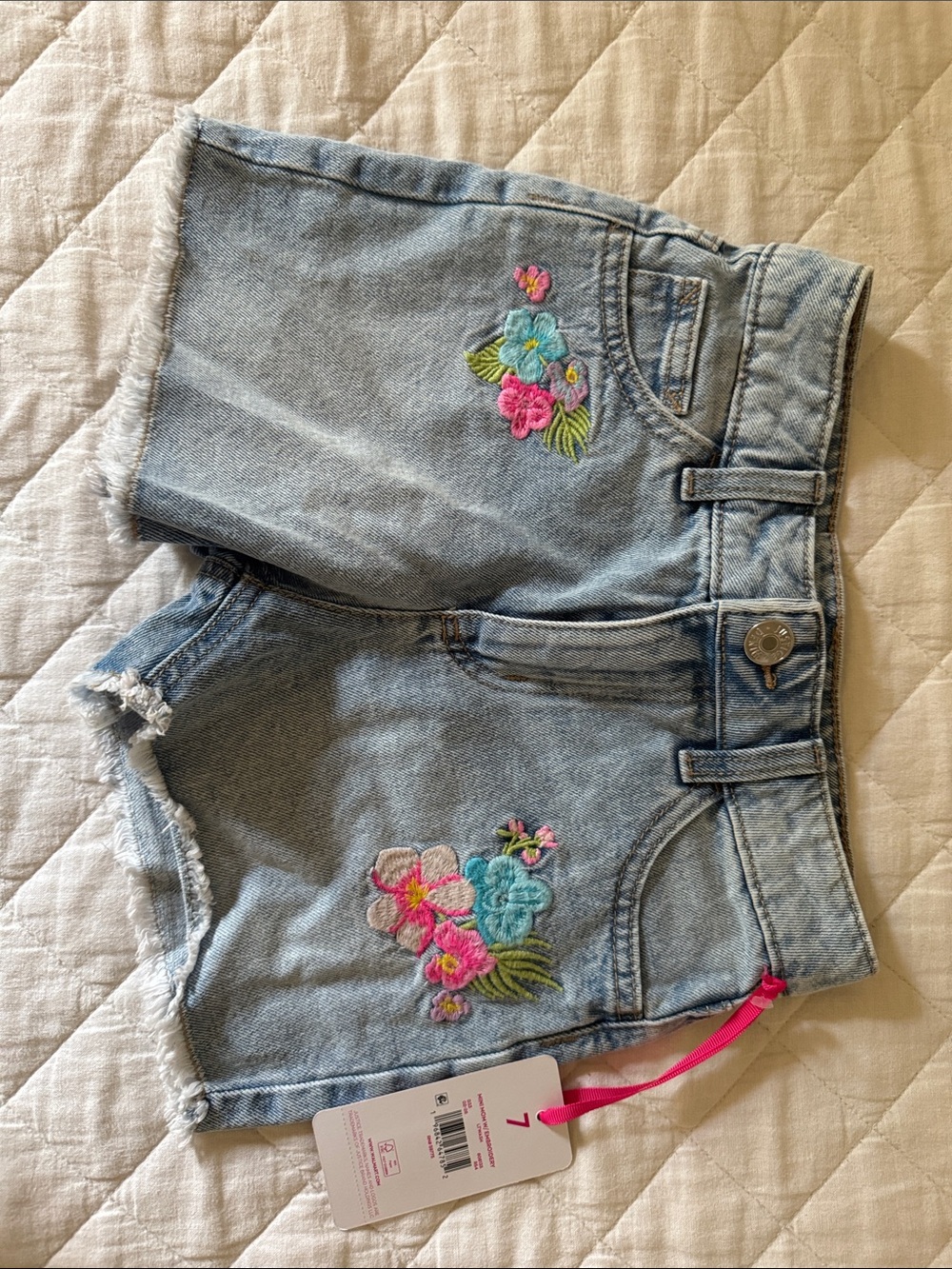 Justice Light Blue Denim Shorts with Pink & Aqua Floral Embroidery